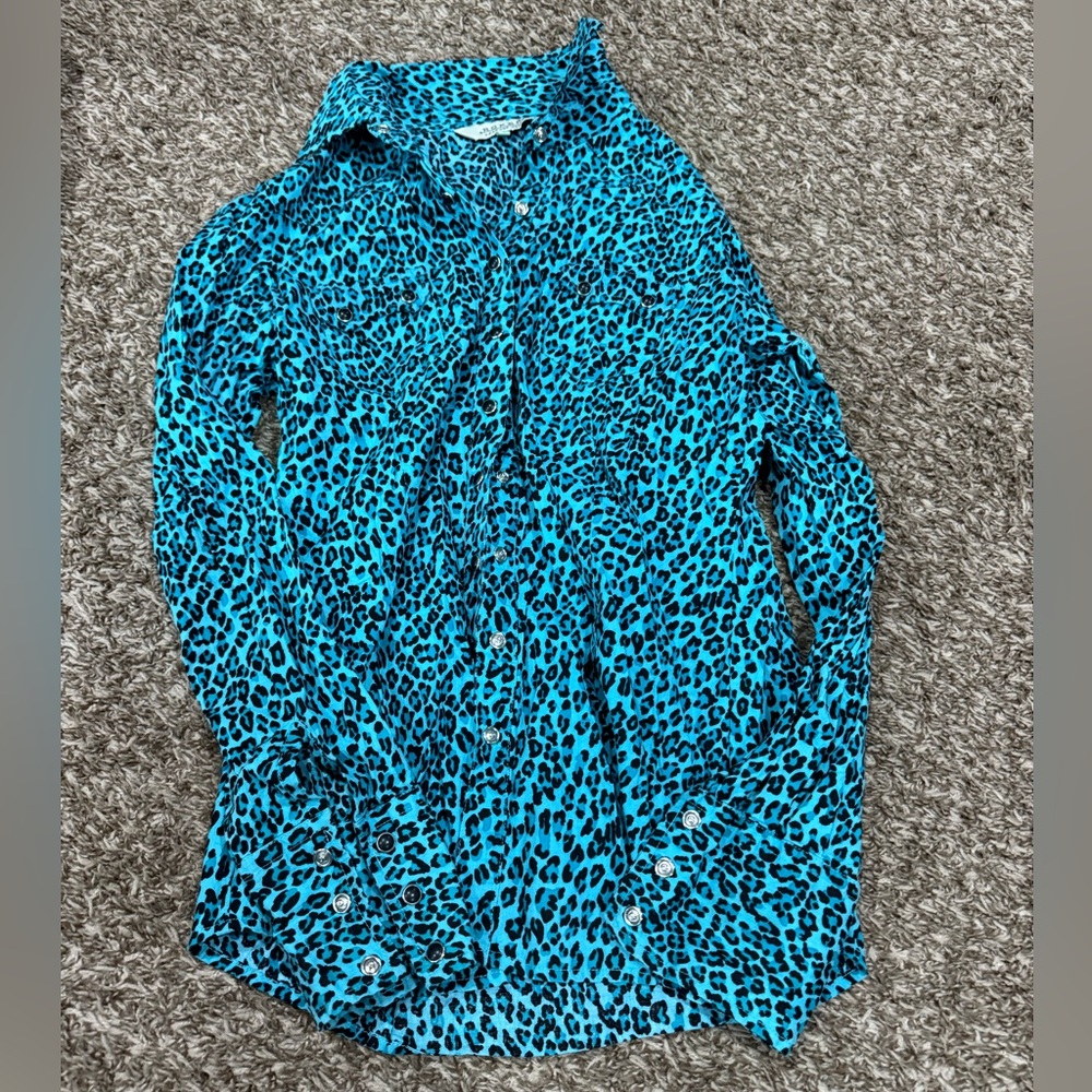 Blue Leopard Print Button-Up Shirt